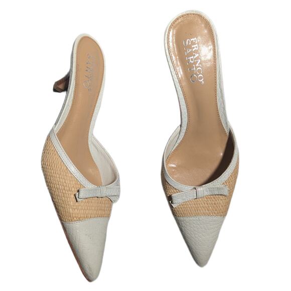 Vtg Y2K Franco Sarto Woven Raffia Ivory Leather Pointed Kitten Heel Mules Sz 7 - Picture 1 of 6